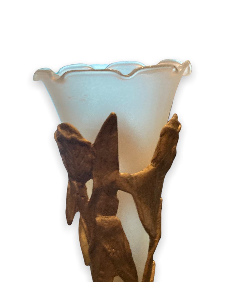 Vase En Bronze Doré Et Verre Opalin Dans Le Goût De Mathias Et Lalanne-photo-2