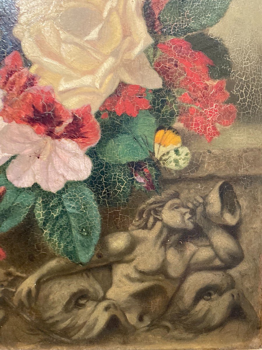 Oil On Panel XIXth Still Life With Bas Relief And Flower Bouquet By Noblet-photo-1
