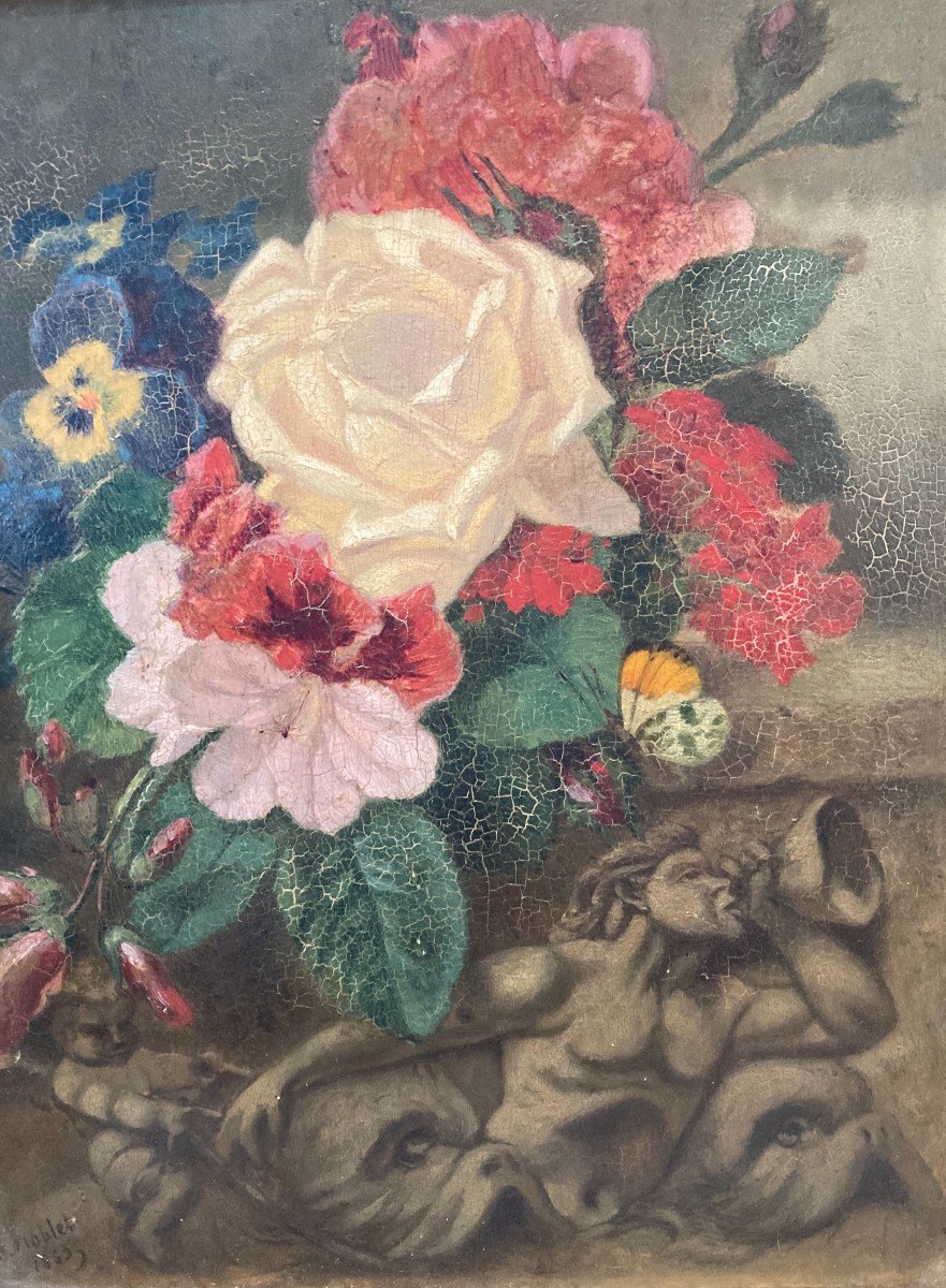 Oil On Panel XIXth Still Life With Bas Relief And Flower Bouquet By Noblet-photo-6