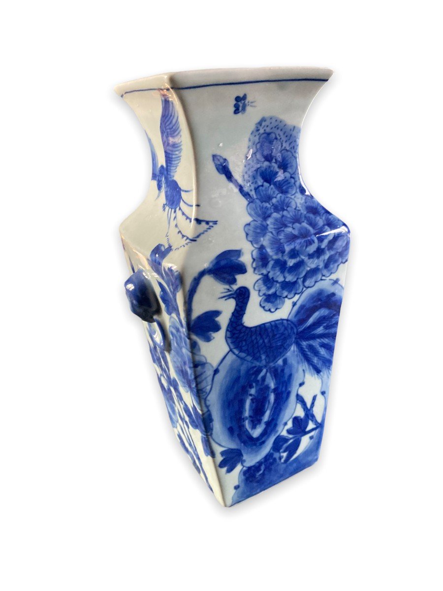 Vase Balustre Chinois Base Carrée Fond Celadon Motifs Bleus Début XXeme-photo-3