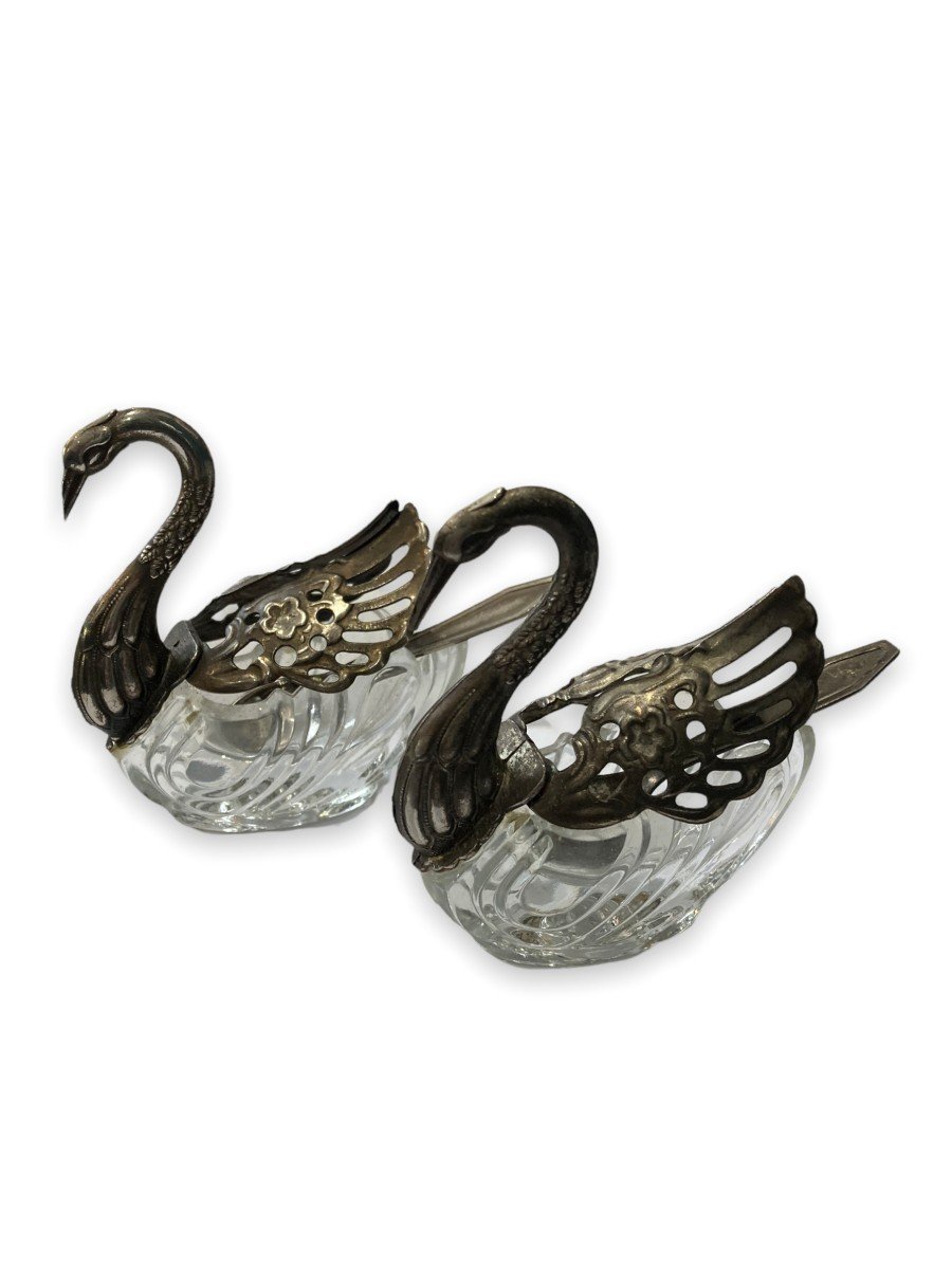 Pair Of Art Deco Salerons In Sterling Silver Representing Swans-photo-1