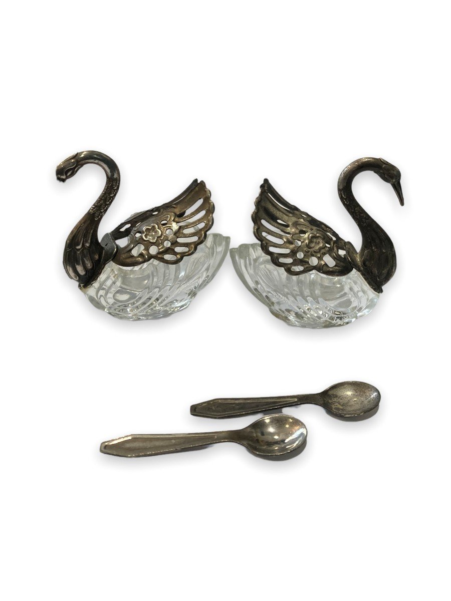 Pair Of Art Deco Salerons In Sterling Silver Representing Swans-photo-3