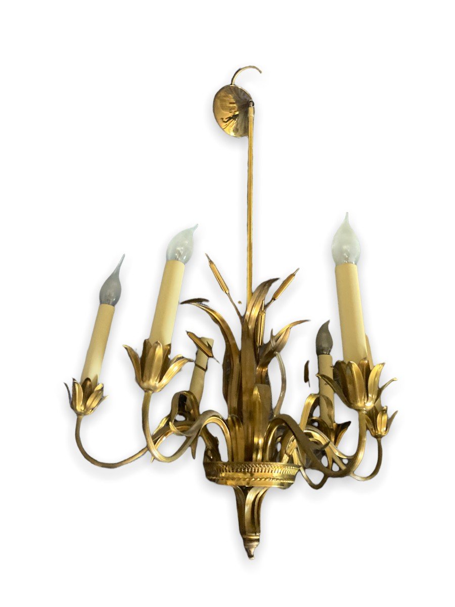 Lustre Roseau En Bronze Doré Attribué à La Maison Charles