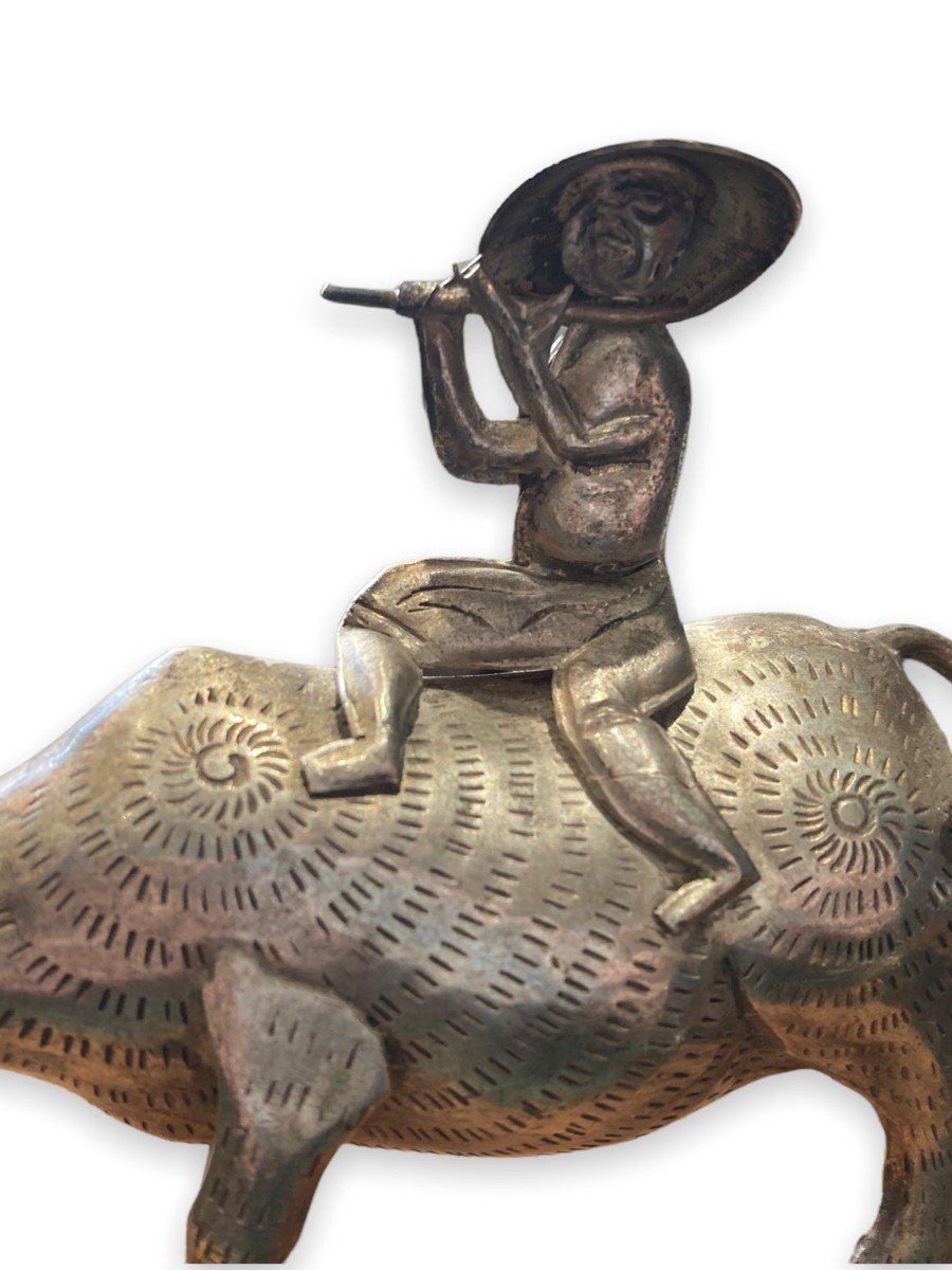 Amusing Vietnamese Subject In Sterling Silver Character On A Zebu-photo-3