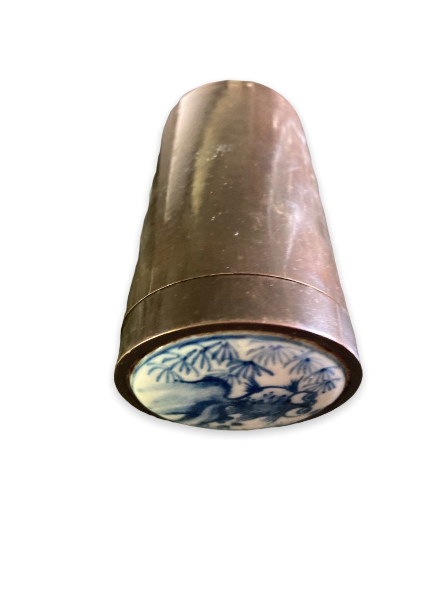 Etui Cylindrique En Bronze Et Porcelaine Chinoise-photo-3