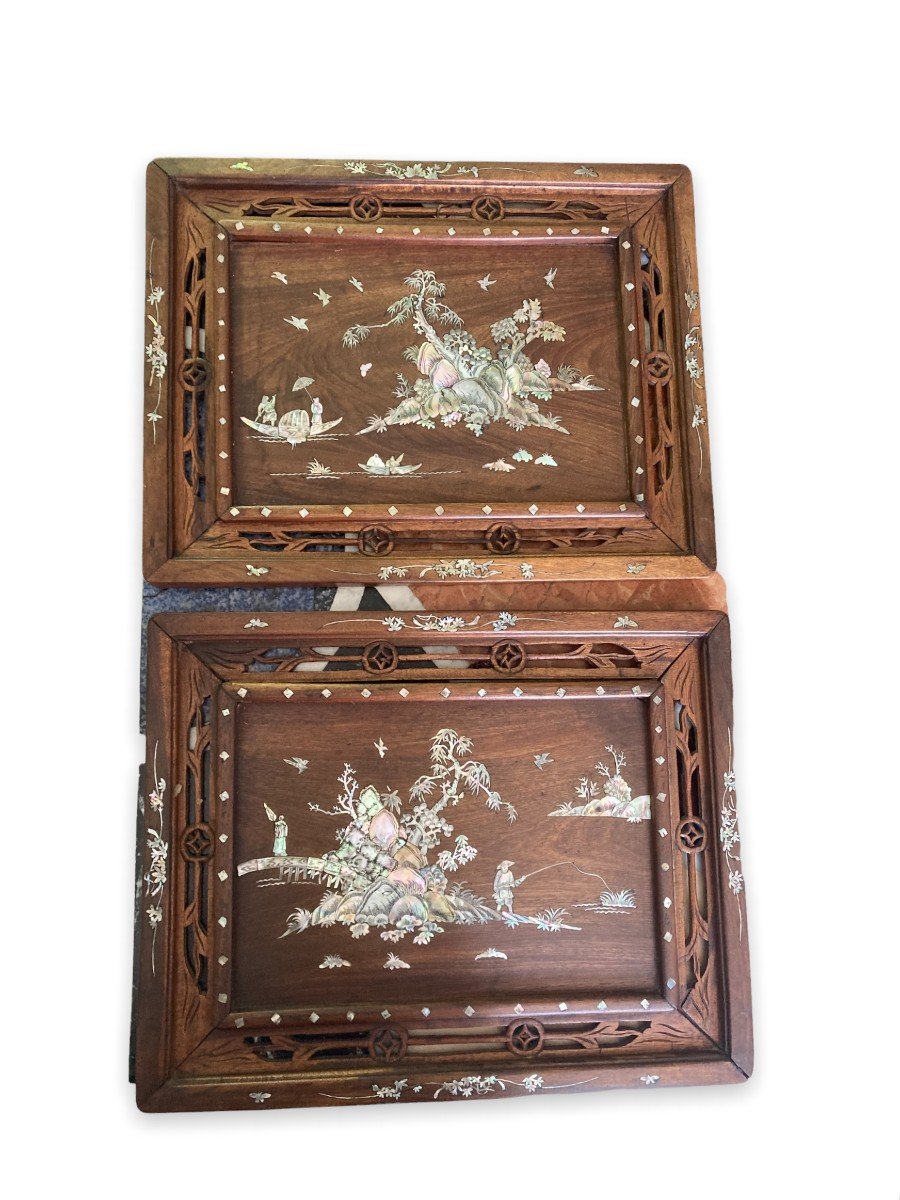 Pair Of Indochinese Panels In Wood And Mother Of Pearl