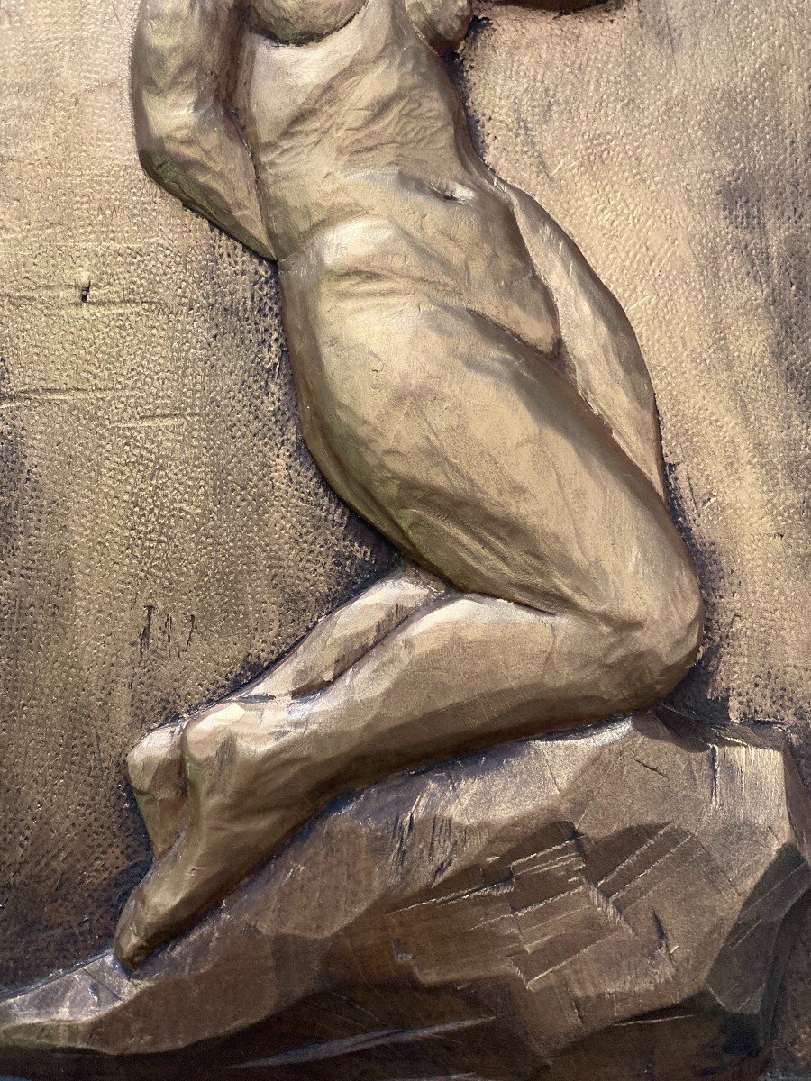 Bas Relief In Gilded Wood "kniende" By Jean Lensalade-photo-4