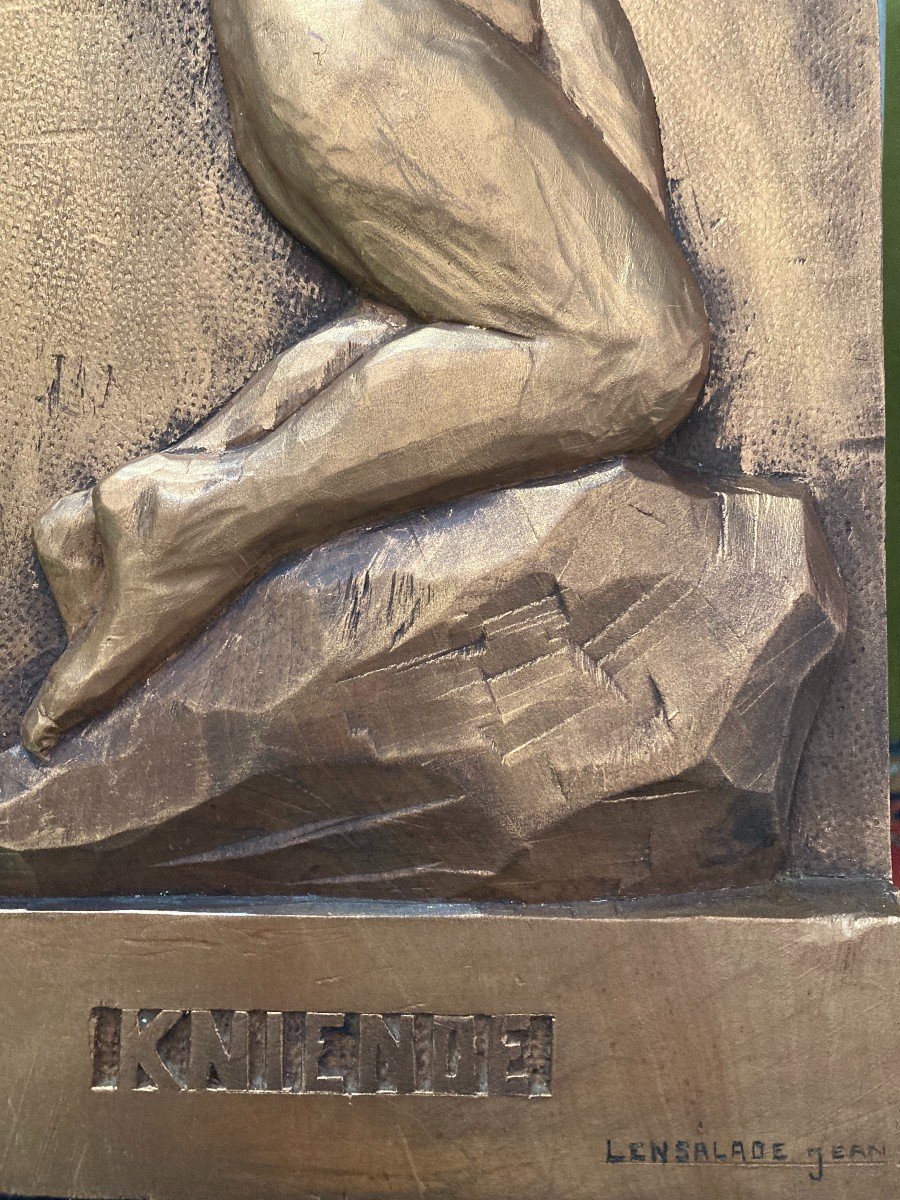 Bas Relief In Gilded Wood "kniende" By Jean Lensalade-photo-6