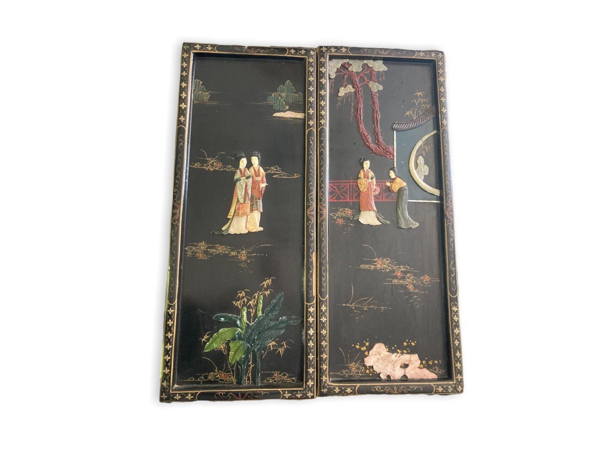 Pair Of Panels In Lacquer And Stones-photo-7