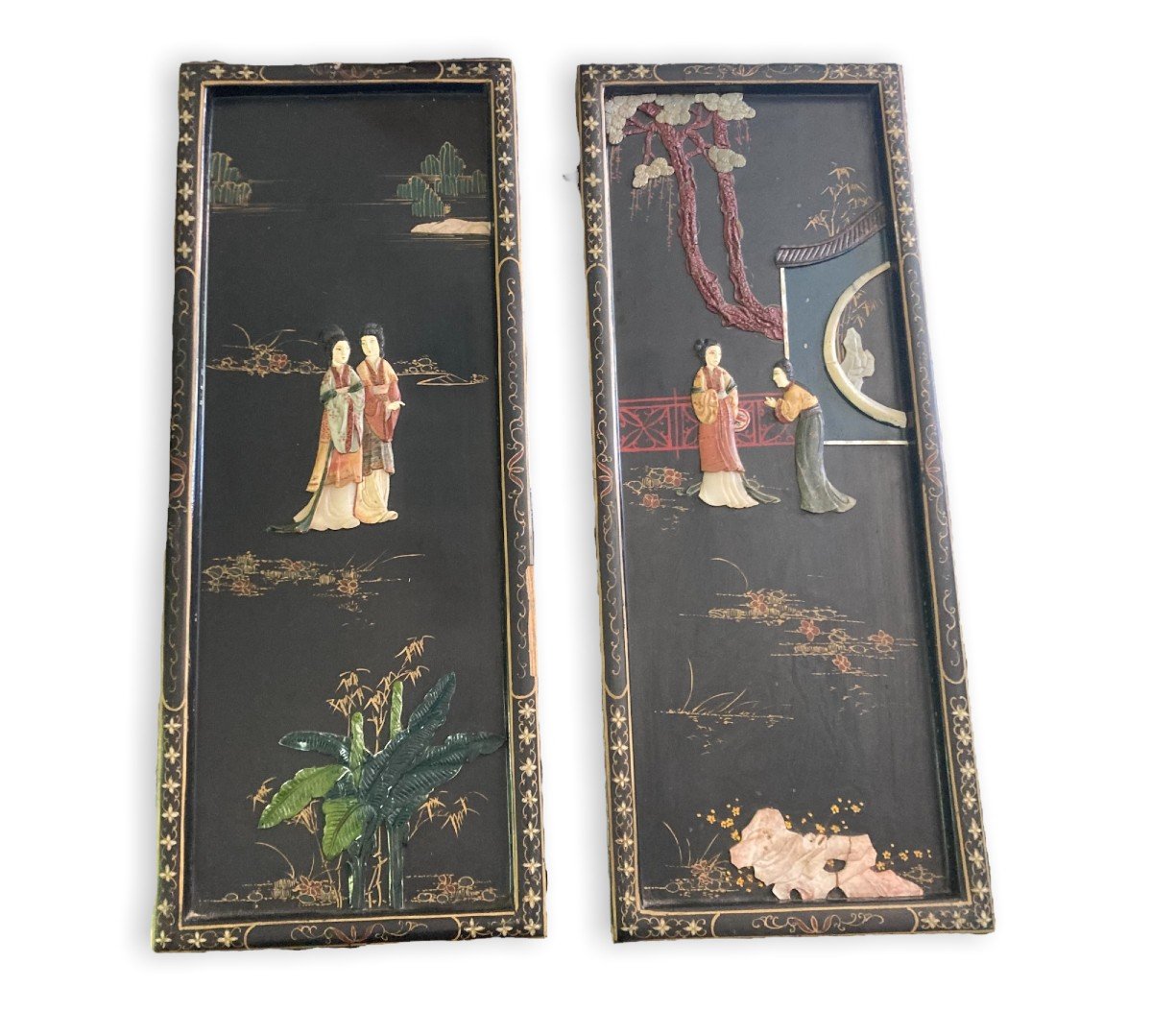 Pair Of Panels In Lacquer And Stones