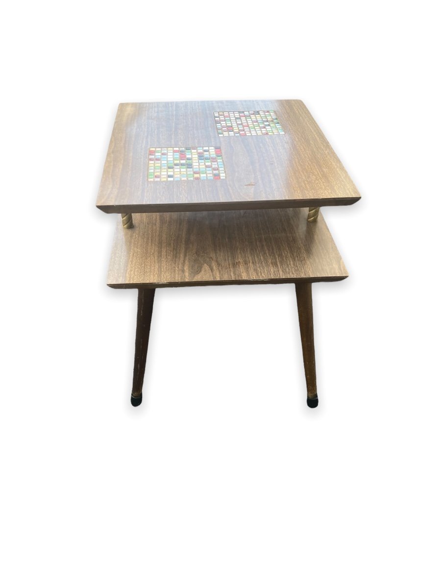 Midcentury Two Tier Wood And Ceramic Table-photo-3