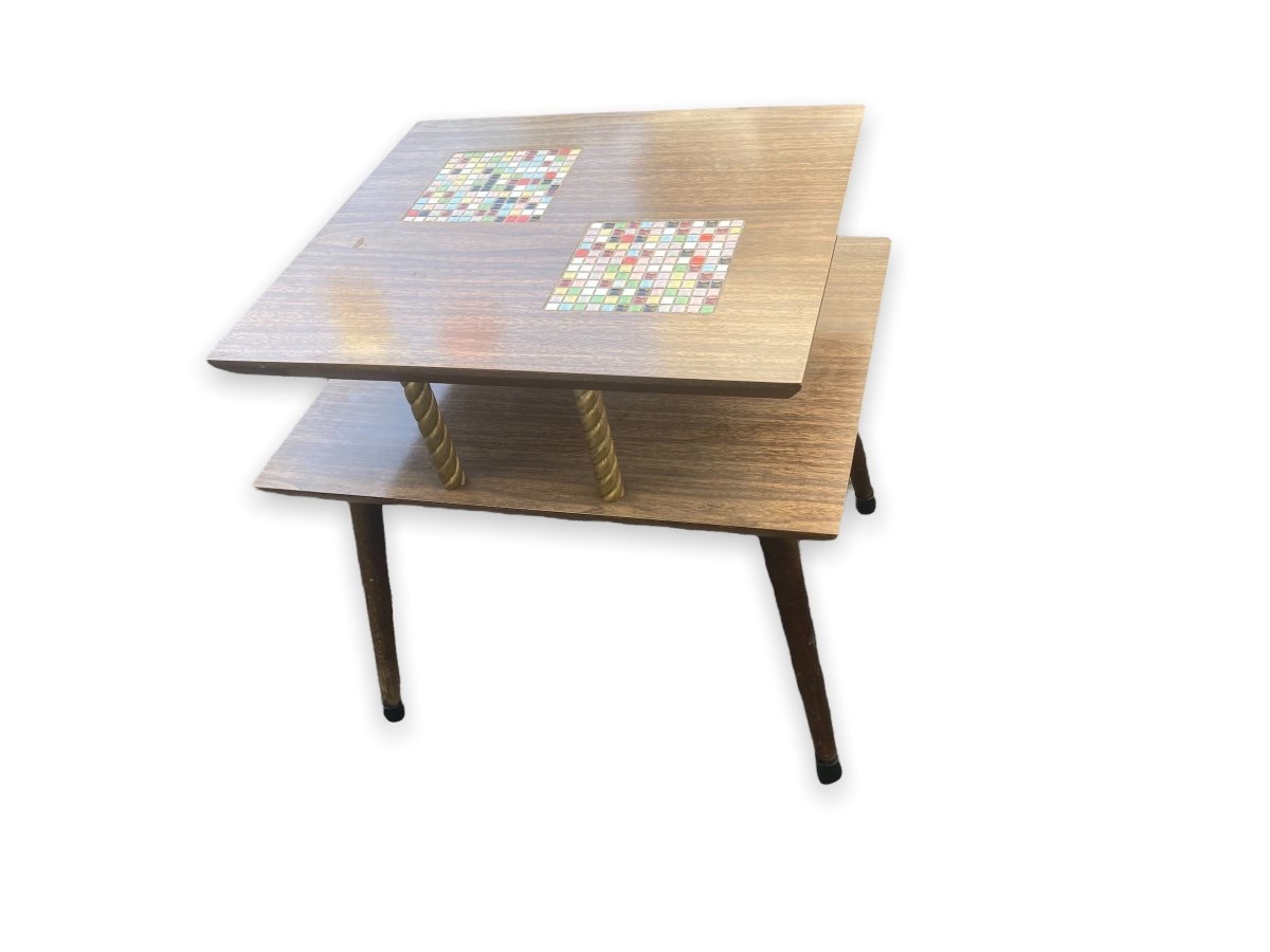 Midcentury Two Tier Wood And Ceramic Table-photo-3