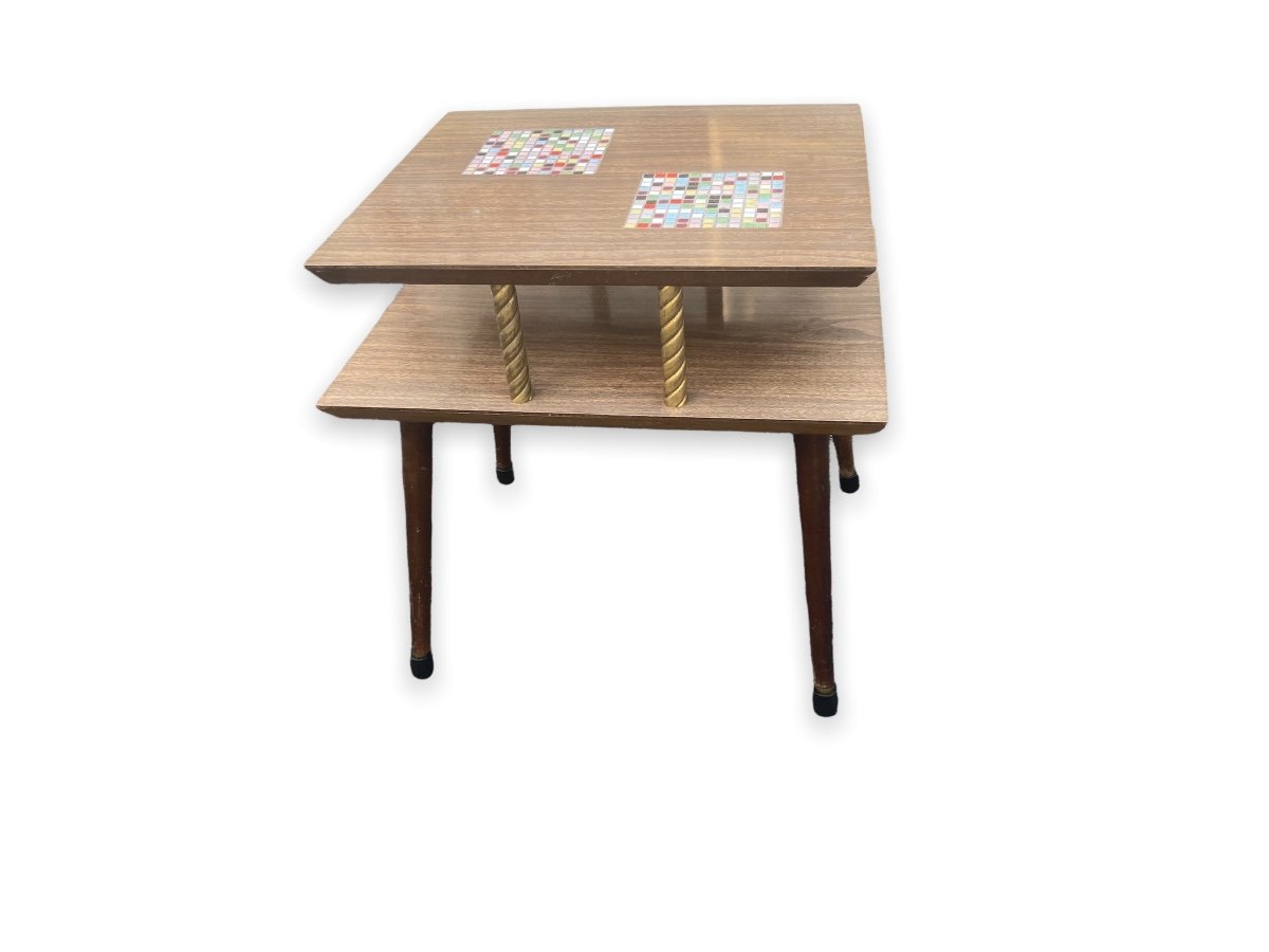 Midcentury Two Tier Wood And Ceramic Table-photo-7