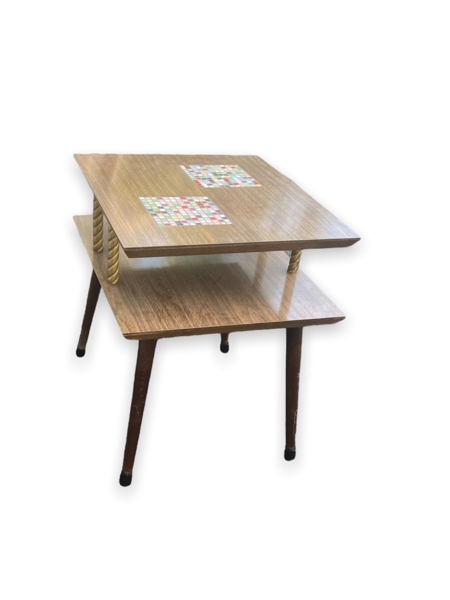Midcentury Two Tier Wood And Ceramic Table
