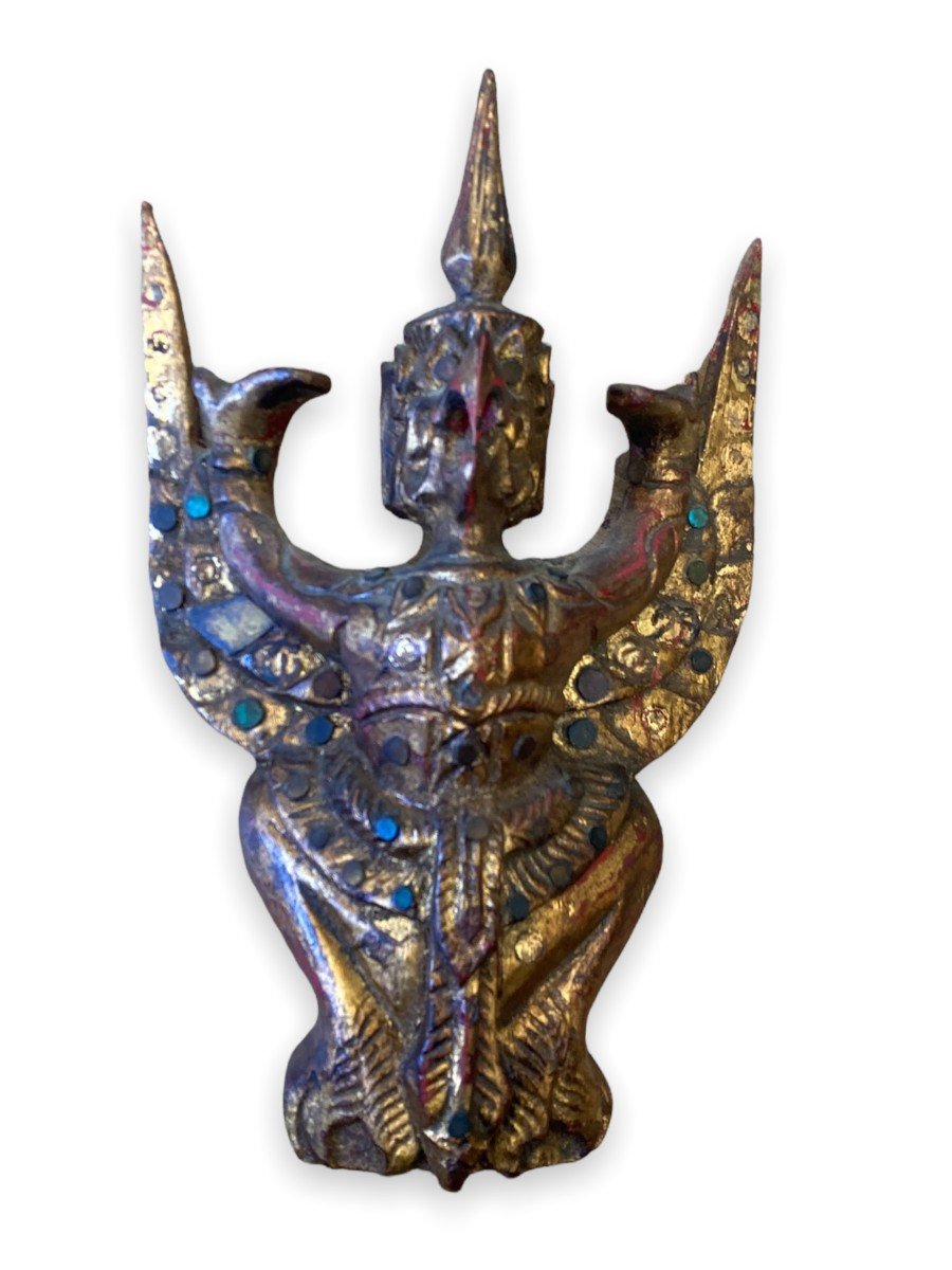 Burmese Garuda In Golden Wood And Colored Glass-photo-2