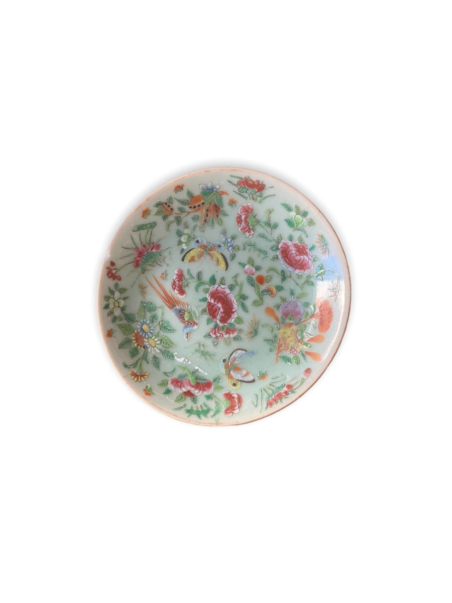 China Celadon Porcelain Plate Decor Of Butterflies, Flowers And Birds Nineteenth-photo-3