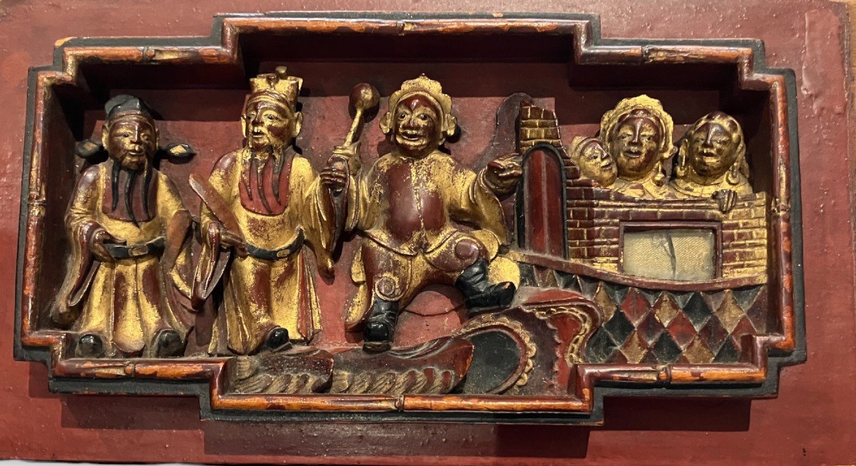 Chinese Bas Relief In Red And Golden Wood