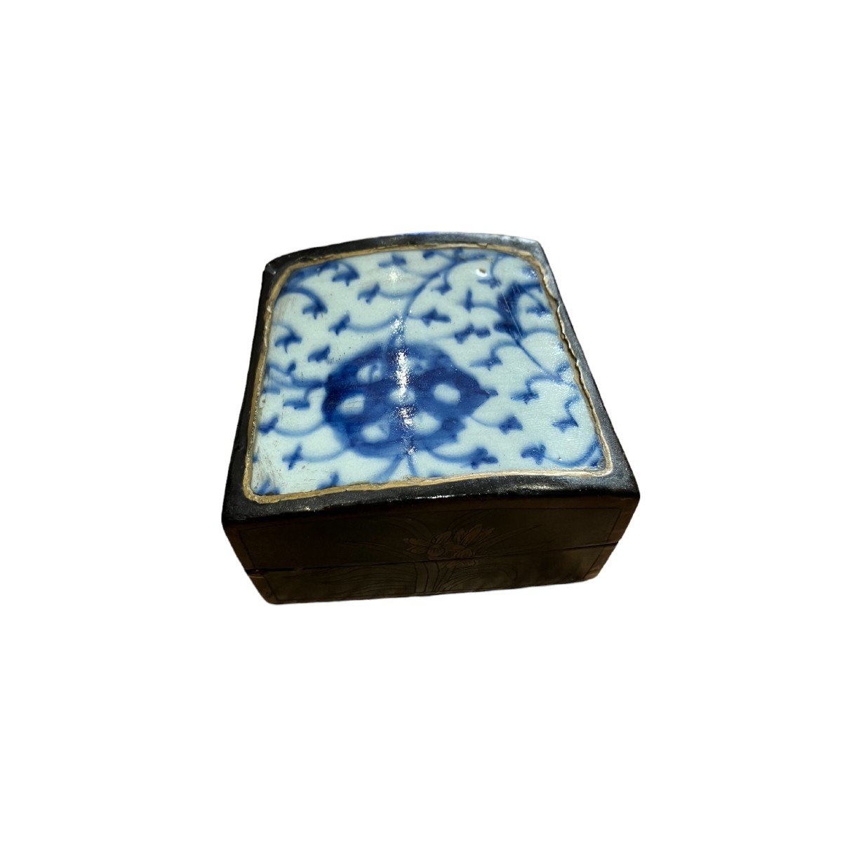 Chinese Box In Lacquered Wood, XVIIIth Porcelain Lid-photo-1