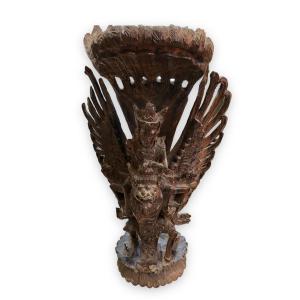 Grande Sculpture En Bois Garuda Portant Vishnu