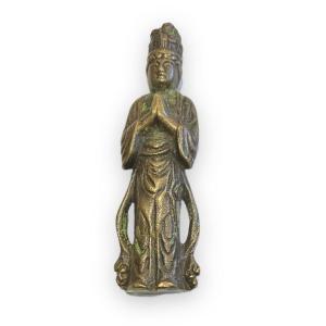 Divinité Chinoise En Prière Statuette En Bronze 