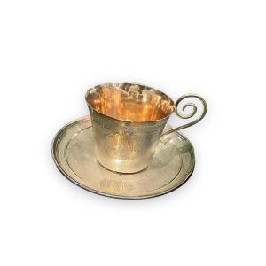 Silver Cup And Saucer With Guilloche Decor In Sterling Silver