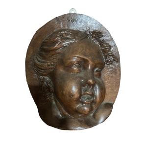 Head Of Putti Bas Relief In Walnut XIXth