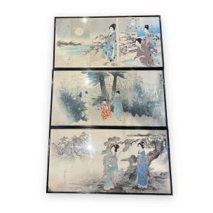 Ensemble De Trois Estampes Japon XIXeme En Triptyque Fin Edo Début Meiji