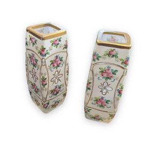 Pair Of Enameled And Gilded Crystal Vases With Rose Patterns