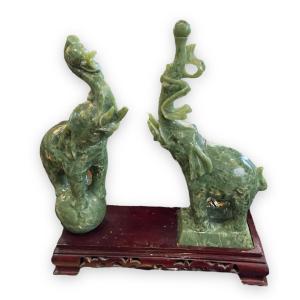 Pair Of Chinese Carved Jade Elephants Spinach Green Color