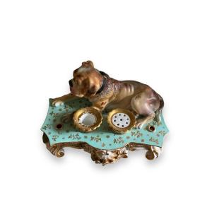 Jacob Petit  Painted And Gilded Porcelain Inkwell Dog Decor