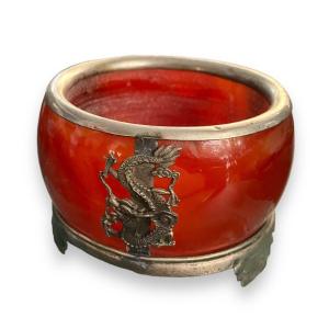 Old Chinese Receptacle Goblet In Carnelian And Silver Metal Decor Of Dragons