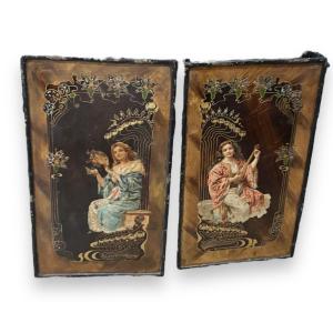 Paire De Tôles Décoratives peintes Art Nouveau Napoléon III Musiciennes de Cabaret tole