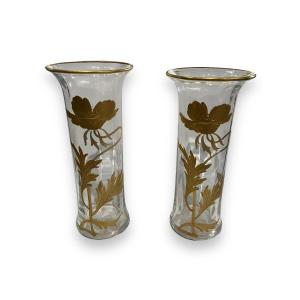 Pair Of Vases With Golden Enamel Poppy Decorations In The Taste Of Baccarat