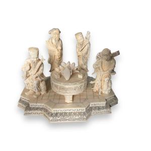 Chinese Group In Carved And Inlaid Ivory Circa 1900