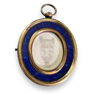 Médaillon Cadre Antique En Bronze Et Lapis Lazuli époque XIX ème