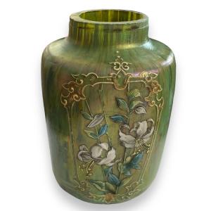 Art Nouveau Iridescent Enameled Glass Paste Vase Attributed To Loetz