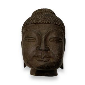 Large Buddha Head In Black Stone Burma Early Nineteenth