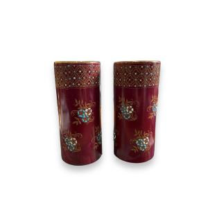 Pair Of Burgundy Glazed Ceramic Roller Vases