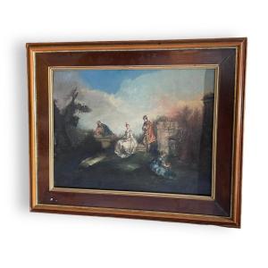 Large Gallant Scene 19th In The Taste Of The 18th Century