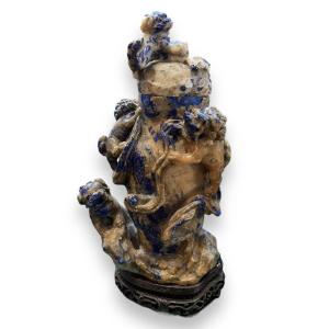 Important Chinese Covered Pot In Blue Sodalite Stone