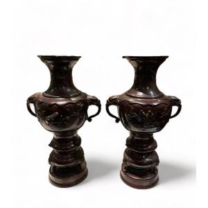 Paire De Grands Vases Japonais En Bronze Période Meiji  XIXeme