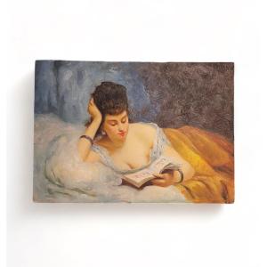 Young Woman Lying Reading Oil On Panel