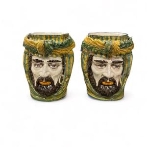 Pair Of Large Sicilian Moorish Heads In Caltagirone Polychrome Terracotta