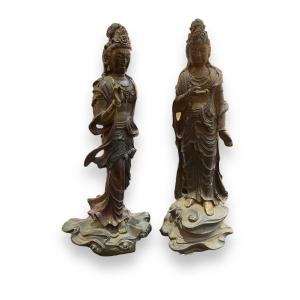 Paire De Bronzes Divinités Indiennes Polychromes
