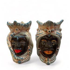 Pair Of Sicilian Moorish Head Vases From Caltagirone By Boria