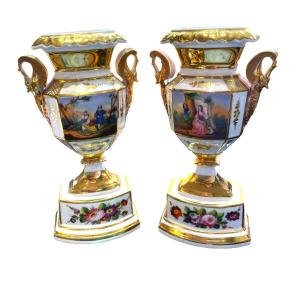 Pair Of Porcelain Vases From Paris Gallant Scenes
