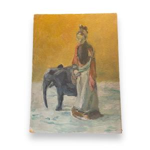 Femme Et éléphant Huile Sur Carton Circa 1900