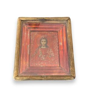 Icône Du Christ Pantocrator XIX En Bois Polychrome Et Cuivré