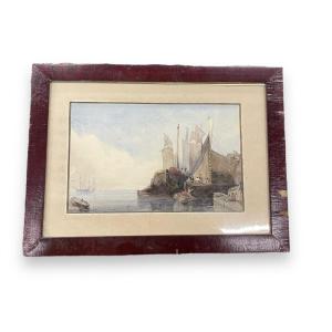 19th Century Marine School Sailboats In Port Watercolor Signed Martial