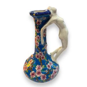 Emaux De Louviere Pansu Vase With Long Neck Decorated With Flowers And Woman